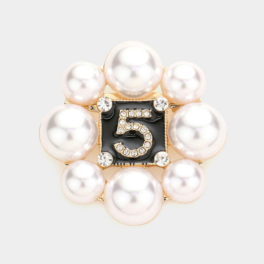 Signature Pearl Number Brooch